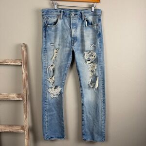 Mens Levi Strauss 501 Button Fly Distress Faded Straight Denim Jeans size 32x31